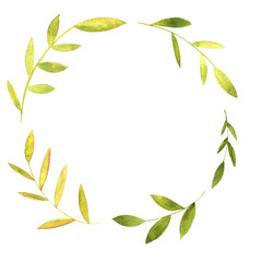 round wreath with watercolor green leaves and branches