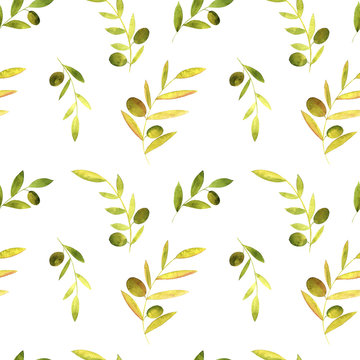 watercolor seamless pattern with olives, leaves and branches