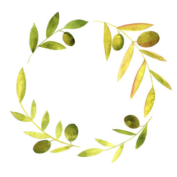 round wreath with watercolor green leaves and olives