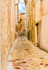 Obraz premium View of a old rustic alleyway with old paving stones and mediterranean buildings
