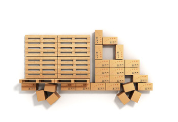the concept of delivery, boxes and pallets are stacked in the fo