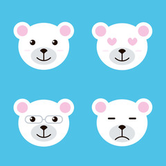 Set of flat design polar white bear smiles. Different facial expressions.