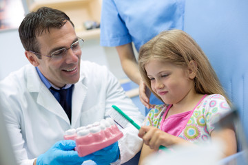 Dentist teaches girl properly brushing on model of teeth