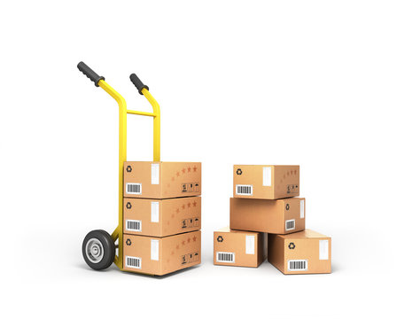 Boxes are close to the handcart isolated on white background