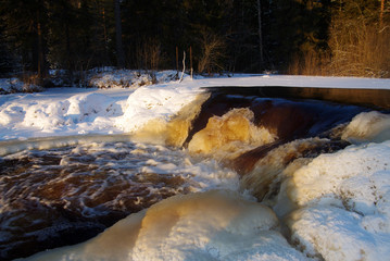 Waterfall near Ruskeala Marble Canyon in Karelia republic, North