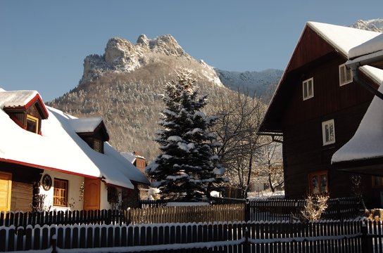 TERCHOVA, SLOVAKIA-January 16: Typical village wooden buildings in northern Slovakia in Zilina district. With its location is a tourist center of Mala Fatra Mountains and cultural area in Stefanova