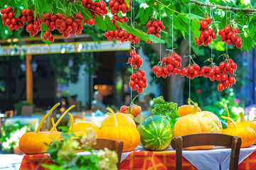 Obraz na płótnie Canvas Vegetables on the table.Tomato, watermelon and pumpkin
