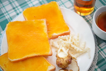 Breakfast toast with jam Helianthus tuberosus