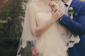 Hands of bride and groom embracing, rings, marriage, relationship, together, couple, wedding,...