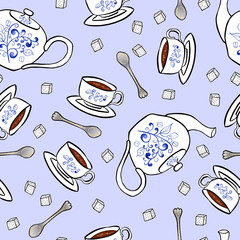 Seamless pattern pottery teapot and cup hand drawing