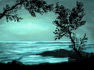 Acrylics moonlight background with tree silhouette