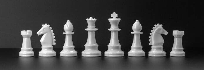 White chess figures isolated on the black background. Set of chess figures.