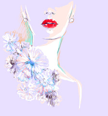 Beautiful woman portrait. Hand painted fashion illustration