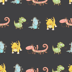 Fairy seamless pattern with cute cartoon dragons on dark  background. Vector image.