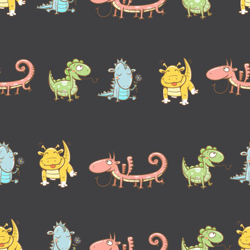 Fairy seamless pattern with cute cartoon dragons on dark  background. Vector image.