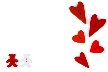 Red valentines hearts and bears on white background. Button love. Wooden buttons. Wooden hearts Post card for the Valentine.