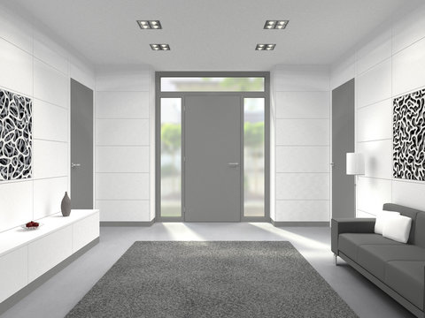 fictitious 3D rendering of a modern lobby interior with front door