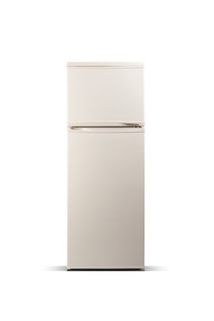 Beige refrigerator isolated on white. Fridge freezer
