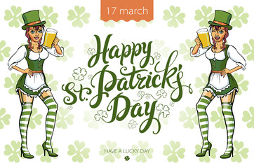 Pretty leprechaun girl with beer, St. Patrick's Day logo design with space for text, isolated