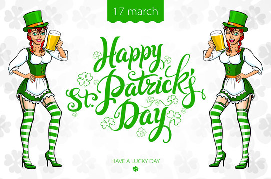 Pretty leprechaun girl with beer, St. Patrick's Day logo design with space for text, isolated