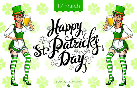 Pretty leprechaun girl with beer, St. Patrick's Day logo design with space for text, isolated