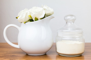 Bath accessories. Personal hygiene items. Bathroom setting. Composition of cosmetic bottles, soap, towel, bath salts and brush. Care for personal hygiene concept. Spa composition.