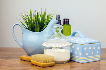 Bath accessories. Personal hygiene items. Bathroom setting. Composition of cosmetic bottles, soap,...