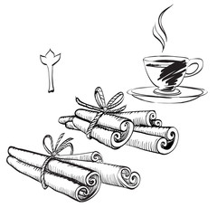 cinnamon, coffee, ink drawing brush isolated vector