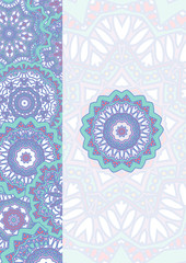 The blank of a card with mandalas pattern on background in violet colors