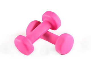 Two pink glossy dumbbell isolated on white