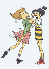 Illustration of two girls, one frantically pulls another in a panic. A friend in need.