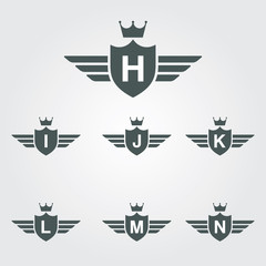 Shield With Wings And Crown Vector Logo Template - Letter H, I ,J, K, L, M, N.