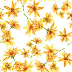 Seamless watercolor pattern of bright yellow flowers