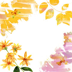 Rustic greeting card template with watercolor flowers, leaves and butterflies