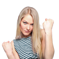 Young blond female sailor posing in her uniform and looking at the camera isolated on white background