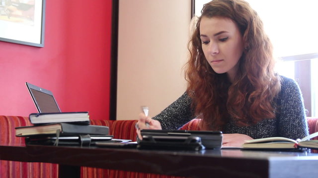  Young woman make markings