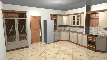 3D rendering illustration interior design Kitchen beige brown wooden in classic style
