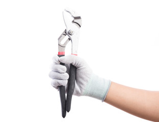 Hand gloves holding pliers