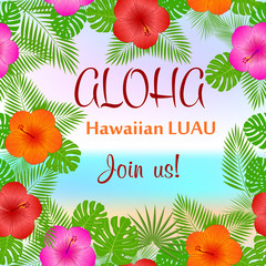 Aloha, Hawaiian Party Template Invitation  - obrazy, fototapety, plakaty