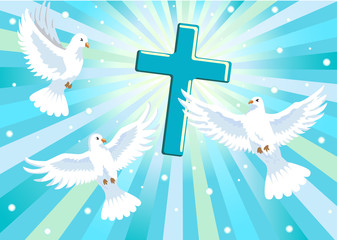 three doves and cross in blue sky
