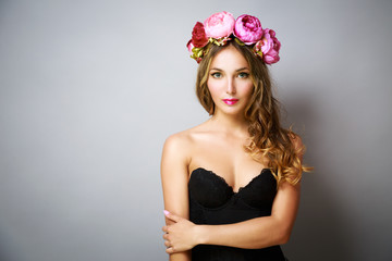Glamour Woman with Wreath of Pink Flowers - 103258497
