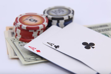 pocker card and token isolated on white background