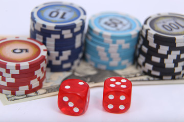 dice , token and bills isolated on white background