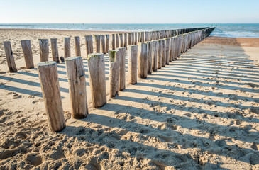 Traditional wooden breakwater on an empty Dutch beach