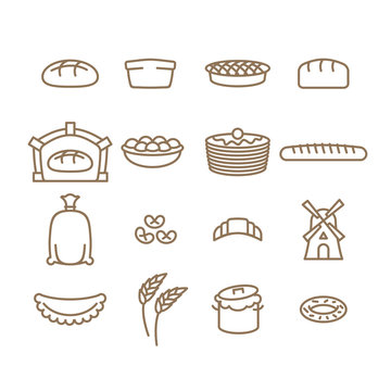 Bread linear icon set. Baking. Bakery products. Muffin and bread