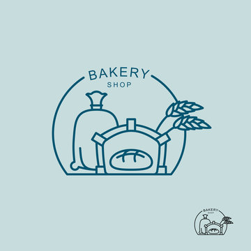 Bakery shop logo. Sack of flour and the stove. Fresh bread in ov