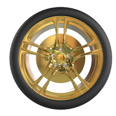 Racing tire with golden rim - front view