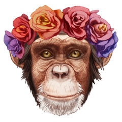 Portrait of Monkey with floral head wreath. Hand-drawn illustration, digitally colored.