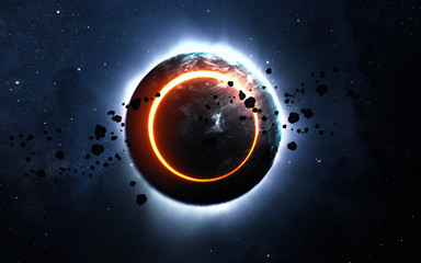 Abstract scientific background - glowing planet Earth in space, solar eclipse, nebula and stars....