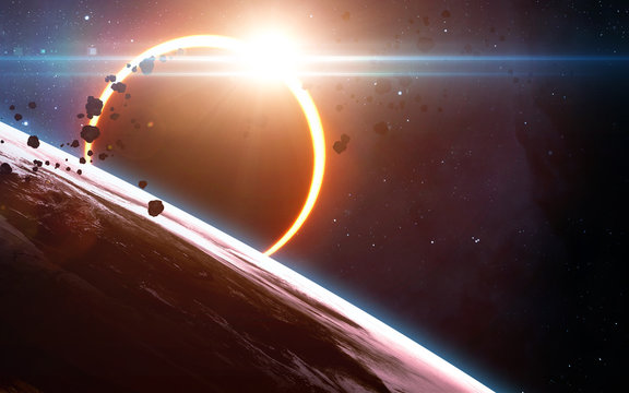 Abstract scientific background - glowing planet Earth in space, solar eclipse, nebula and stars. Elements of this image furnished by NASA 